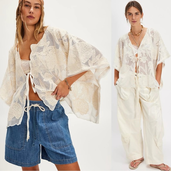 Free People Tops - Free People Bohemian Beach Ethereal Cottage Lace Willow Tie Front Cape Kimono OS